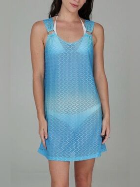 J Valdi Blue Ombre Crochet Swim Cover Up Dress Large NWT Beach Resort